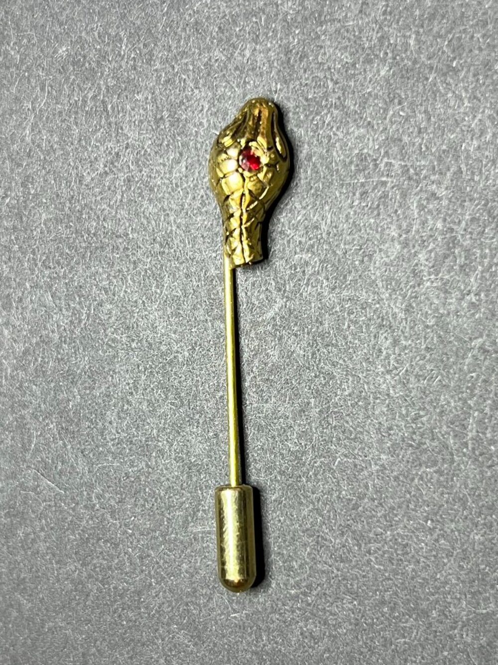 VTG Rare Gold Tone Scaled Snake Head w/ Red Rhinestone Stick Pin Brooch 1.78"